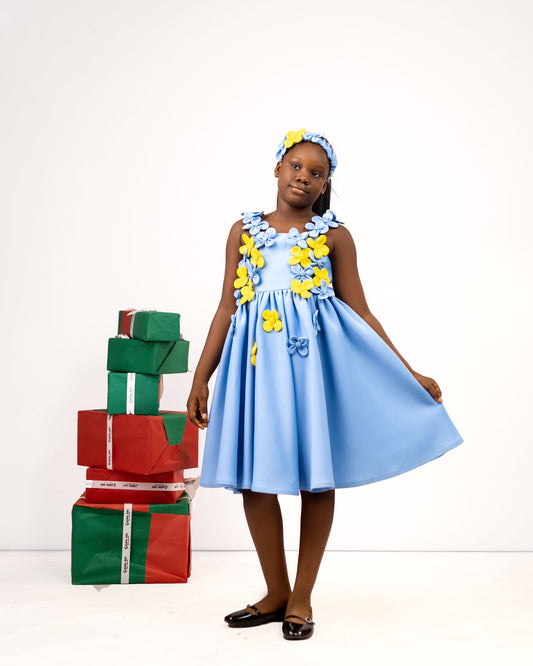 THE PETAL CASCADE GOWN – Dual-Tone Dress Adorned with 3D Florals (Blue)