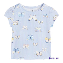 Load image into Gallery viewer, H&amp;M Light blue/Butterflies Puff-sleeved jersey top
