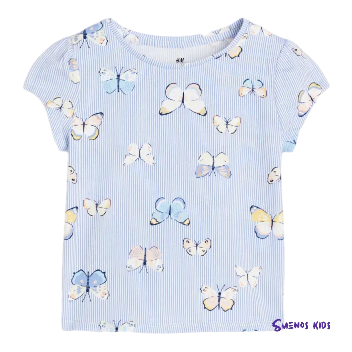 H&M Light blue/Butterflies Puff-sleeved jersey top