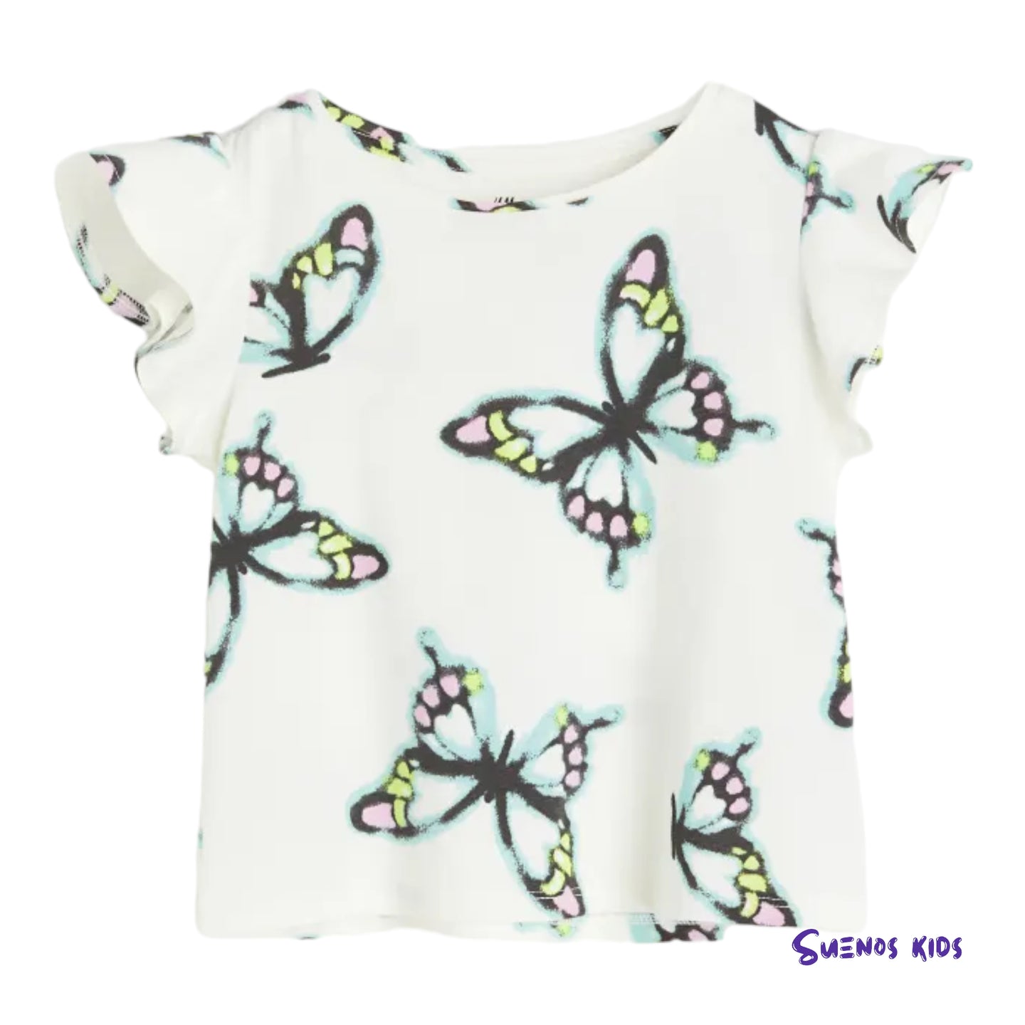 H&M White/Butterflies Flutter-sleeved jersey top