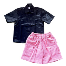 Load image into Gallery viewer, Black embossed shirt and pink shorts
