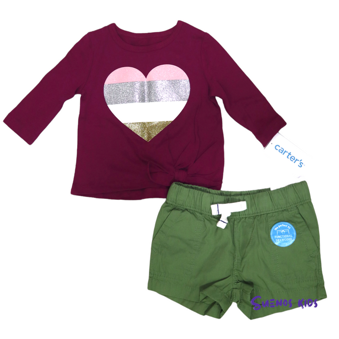 Carters 2 piece set Glitter Heart Tie-Front Jersey Tee and Pull-On Poplin Shorts - Children's Clothing Store - Suenos Kids