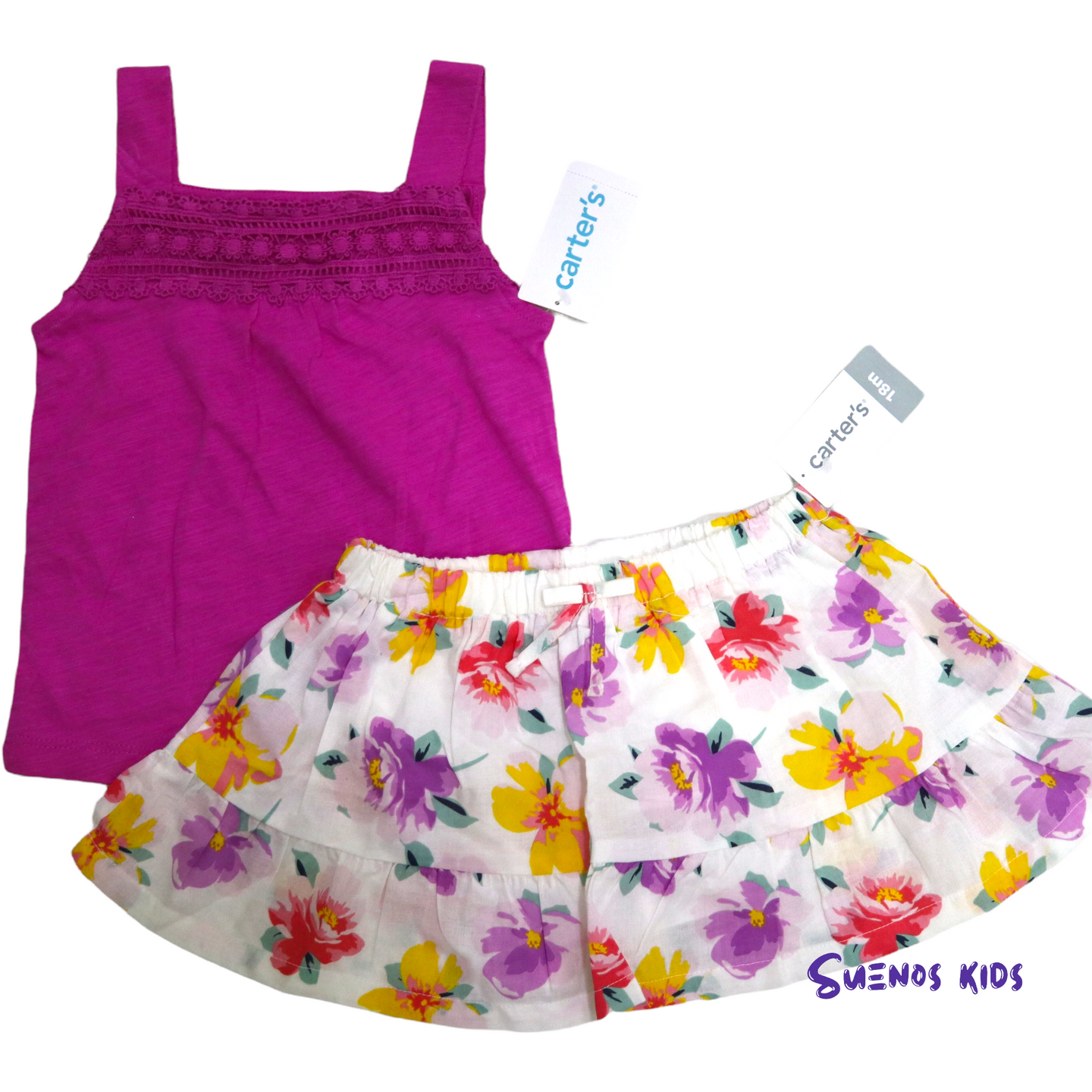 Carter's Pink Set Crochet Slub Tank and Floral Skort - Children's Clothing Store - Suenos Kids